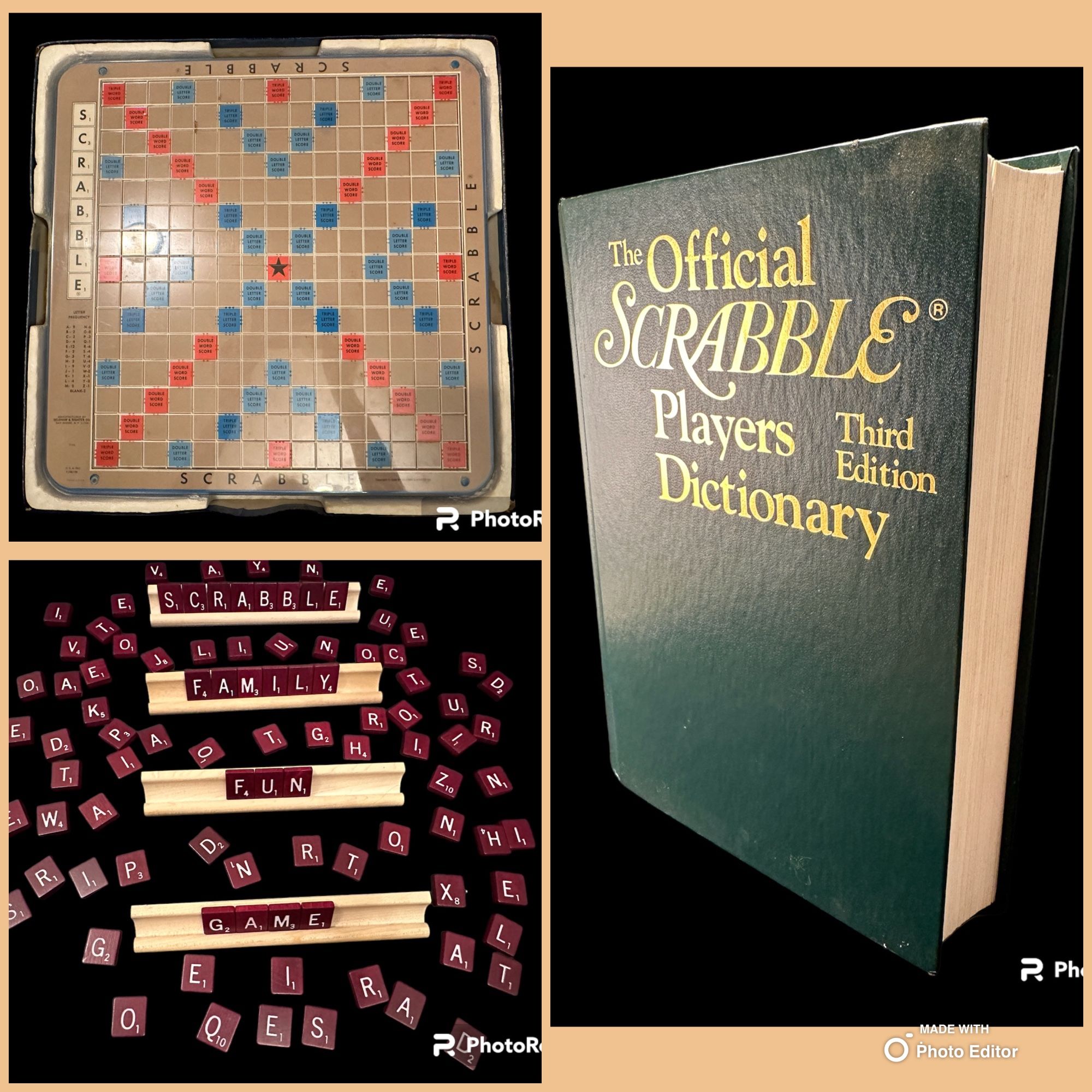 Scrabble Deluxe Easy Rotating Turntable Edition Game 1976 + Official Scrabble Players Dictionary