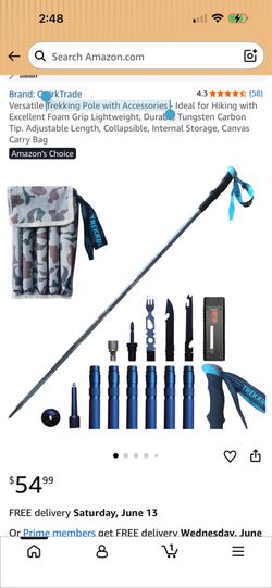 Versatile Trekking Pole with Accessories - Ideal for Hiking with Excellent Foam Grip Lightweight, Durable Tungsten Carbon Tip. Adjustable Length, Coll