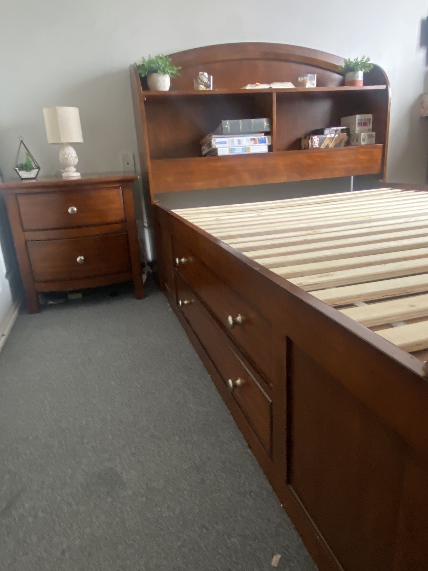 Beautiful Solid Wood Full Size Bed frame W/ Night Stand 