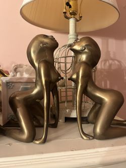 Vintage Art Deco Brass Kneeling Nude Sculptures.