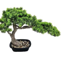 (303030-6) 15in Artificial Bonsai Tree – Juniper Faux Pine Plant | Indoor Fake Decor with Black Plastic Pot for Home, Office Desk, Table, Shelf, Bedro