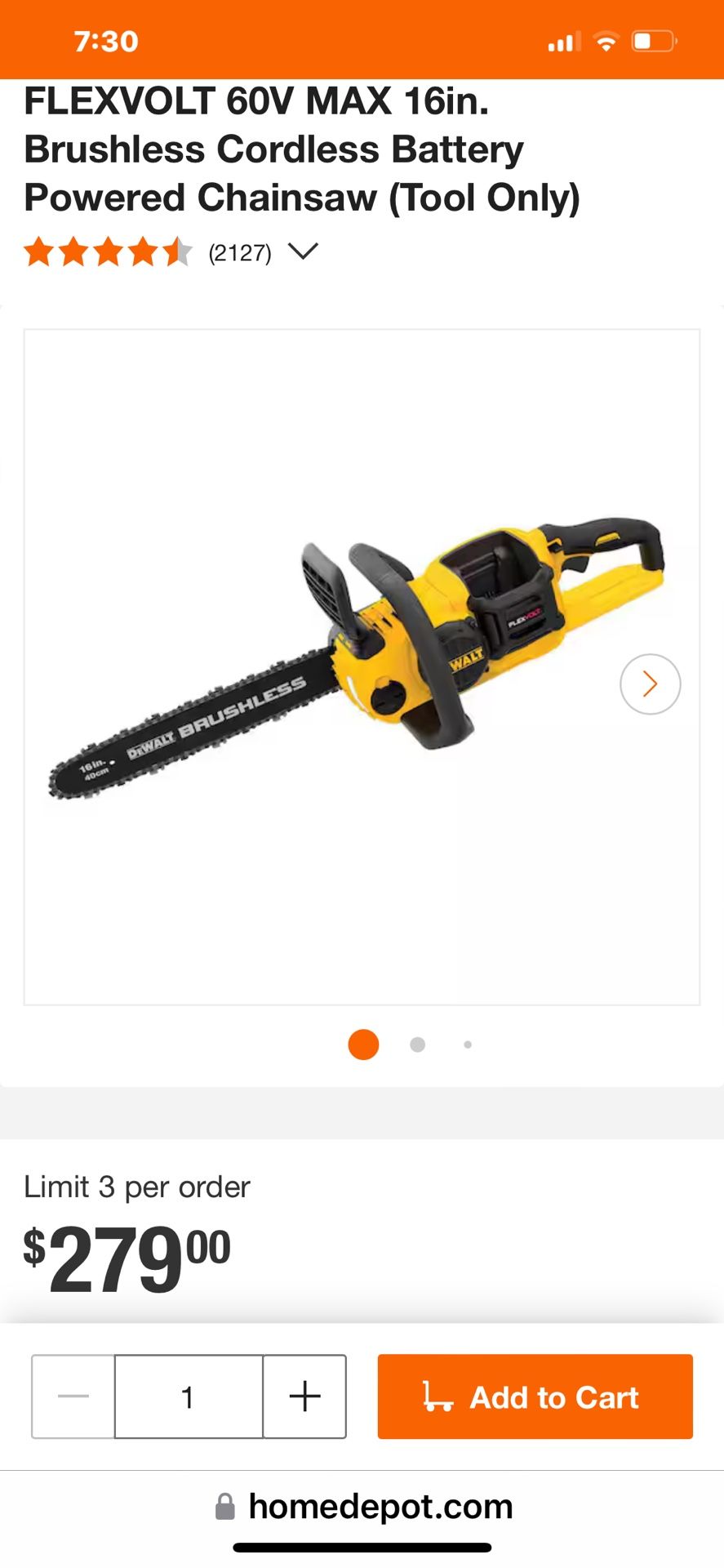 DEWALT FLEXVOLT 16” CHAINSAW TOOL ONLY