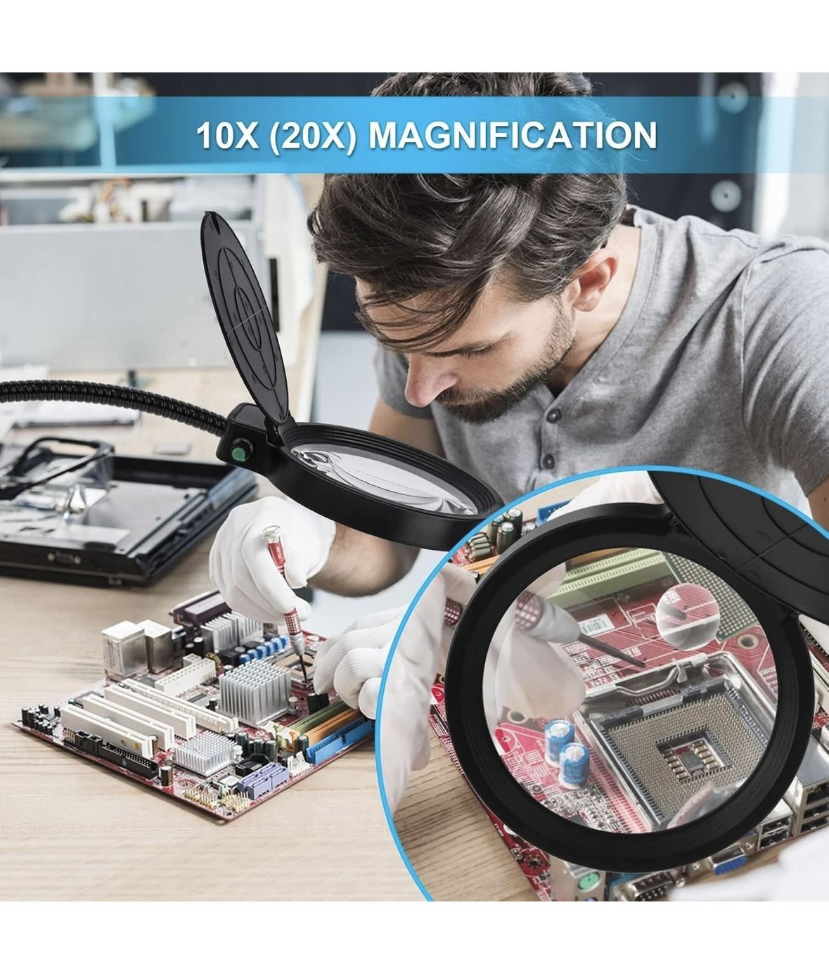 Magnifying Glass with Light and Stand 10X 20X, 36 LED Dimmable Floor Magnifying Lamp, 3-in-1 Adjustable Gooseneck Lighted Magnifier for Reading, Sewin