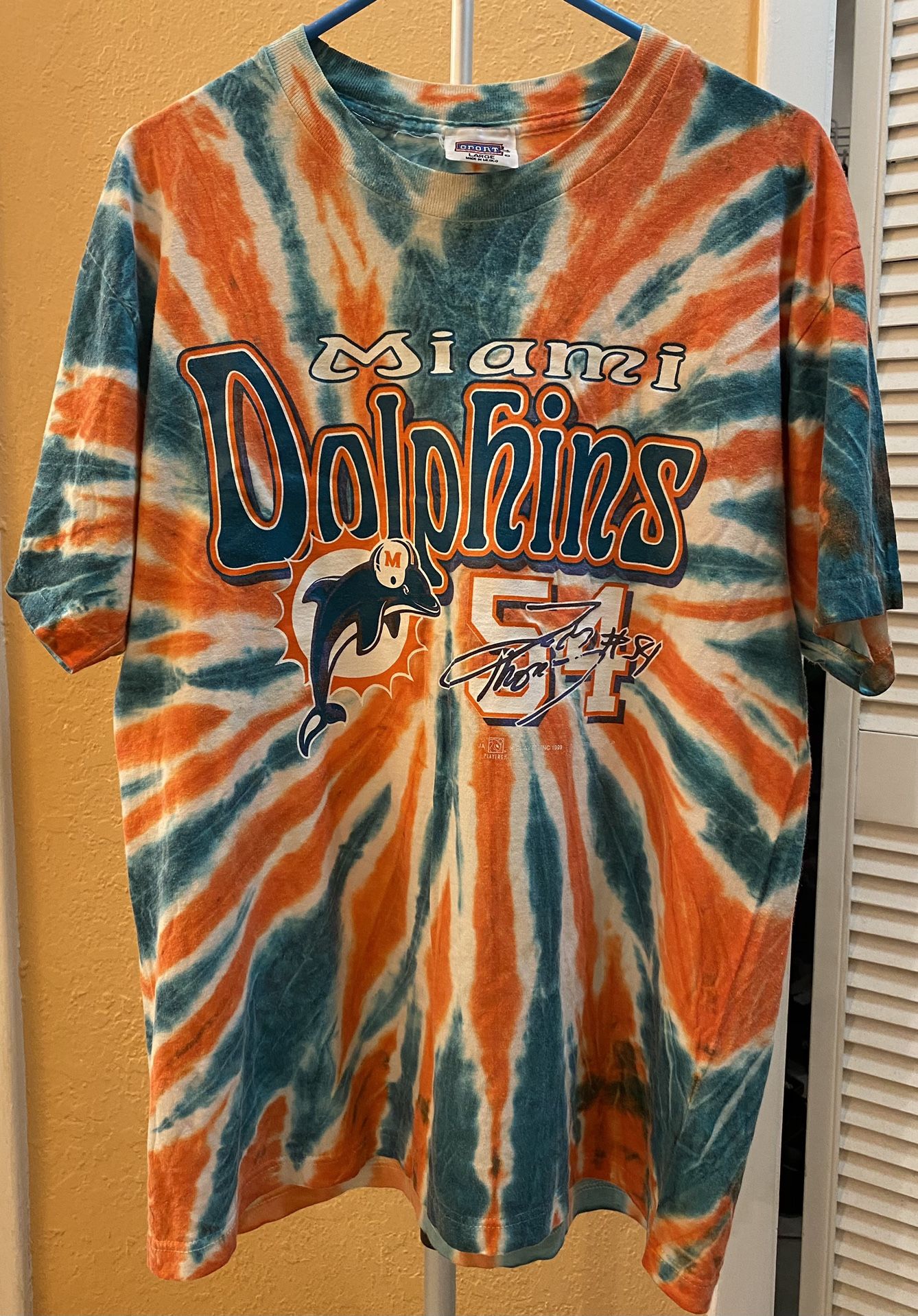 Vintage Rare Zack Thomas #54 Tie Dye Miami Fl Dolphins NFL T Shirt Sz Large