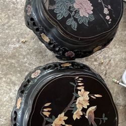 Pair Of Vintage Chinese Jinlong Black Lacquered Wooden Stools / Side Tables 