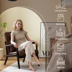 Accent Chair Mid Century Modern Armchair with Lumbar Support Pillow Wood Legs PU Leather Upholstered Lounge Chairs Comfy High Back Cushion for Living