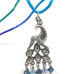 Designer Peacock Pendant - Blue Swarovski Crystals- Chord Chain