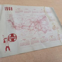 Original Vintage 1968 Santa Fe Cardboard Railroad Route Map Calender