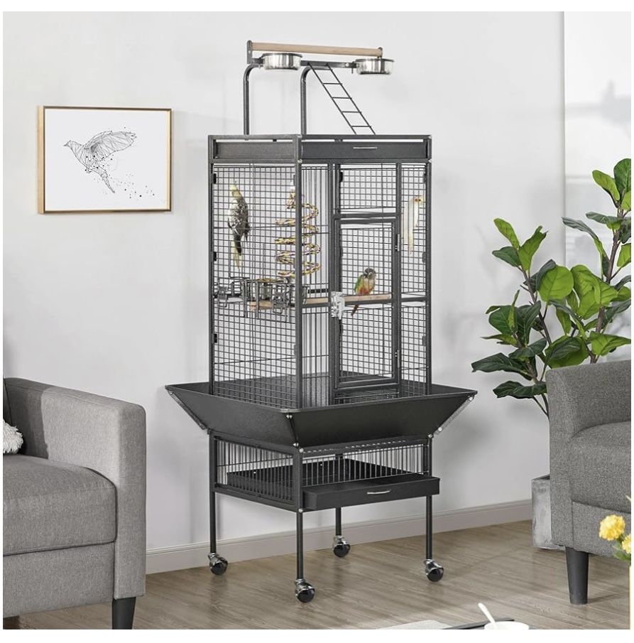 61-inch Playtop Wrought Iron Large Parrot Bird Cages with Rolling Stand for Cockatiels Amazon Parrot Quaker Conure Parakeet Lovebird Finch Canary Smal