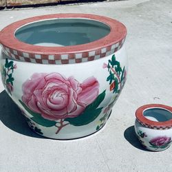 Vtg Pair Hand-Painted Floral Ceramic Planters, Never Used