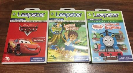 Three Leapster games ,Thomas the train, Diego and cars for all three The cars game is brand new, package is not even opened