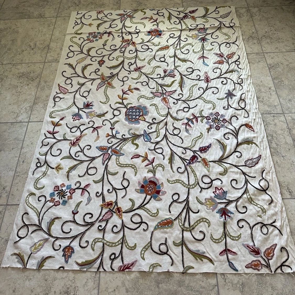 Antique / Vintage Floral Crewel Work fabric textile -- 73" x 51" inches