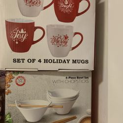 New In Box Mugs And Bowl Set, Glass Jar Set 