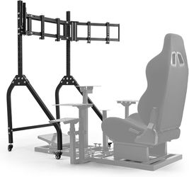 Sim Racing Triple Monitor Stand with Wheels for 24-32 inch Displays for Racing Flight Simulator Cockpit Rig, Tilt Rolling Triple TV Stand on Wheels, P