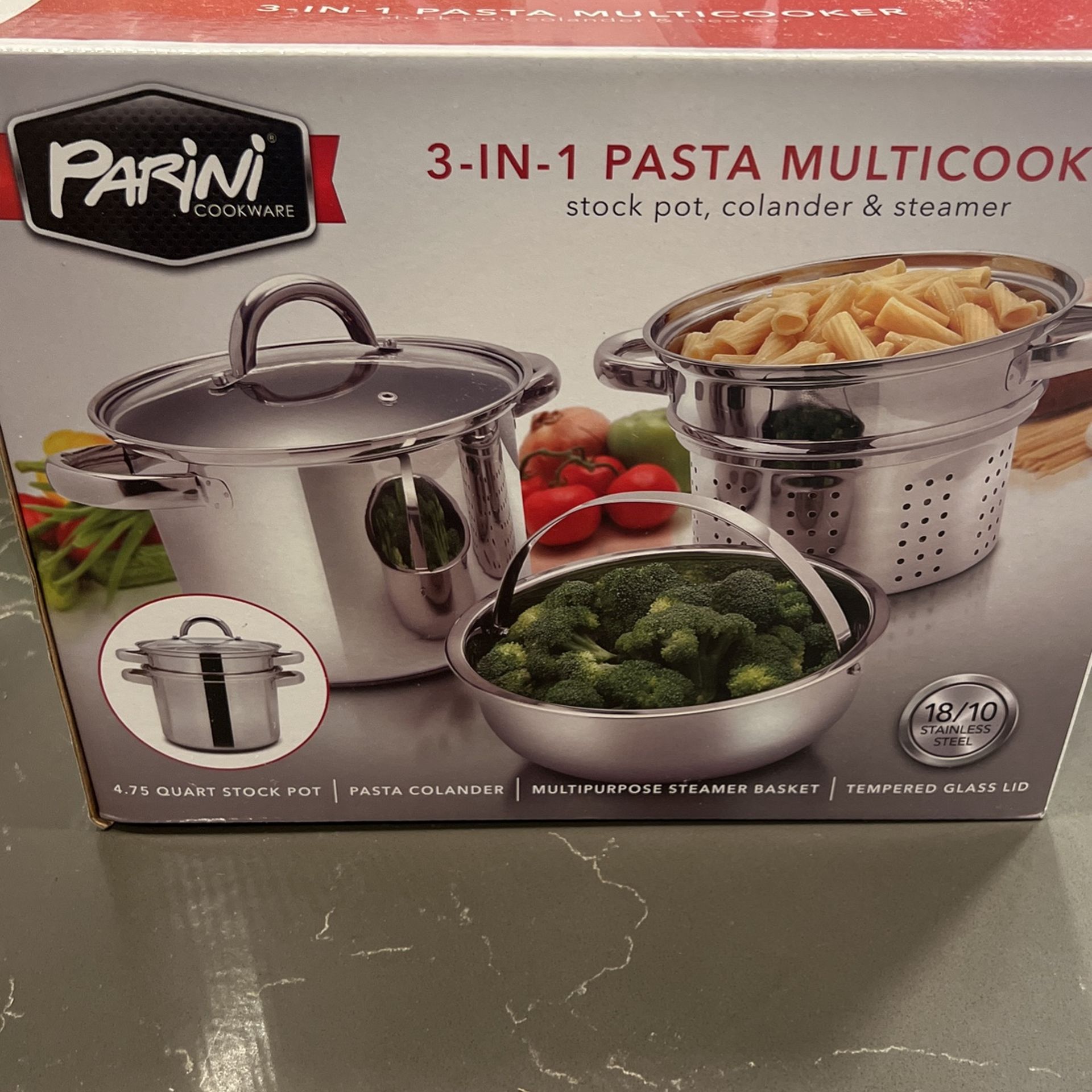 NEW Parini 3 in 1 Pasta Multi-cooker Steamer-Colander & Stock Pot Stainless