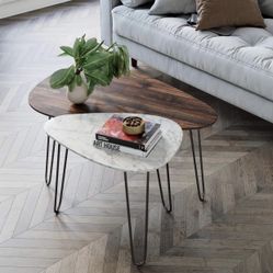 Mid-Century Nesting Coffee Table Set of 2, Stacking Side or End for Living Room with Faux Carrara Marble