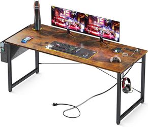 AODK 63 inch Small Computer Desk with Power Outlet for Small Spaces Home Office Student Laptop PC Writing Desks with Storage Bag Headphone Hook, Vinta