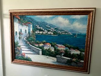 Large Framed Mediterranean Coastal Oil Painting