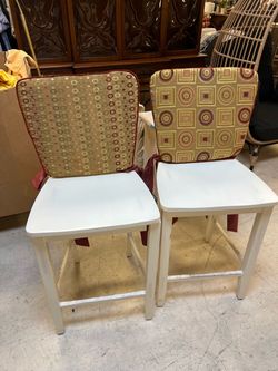 Pair of White Wood Bar Stools with Cushions
