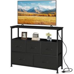 5-Drawer TV Stand Dresser with Charging Station & Storage Shelves