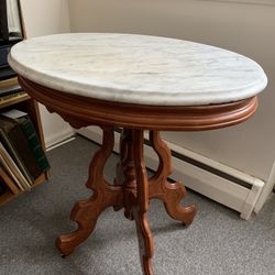 Antique Marble Oval Top Table Maple Base