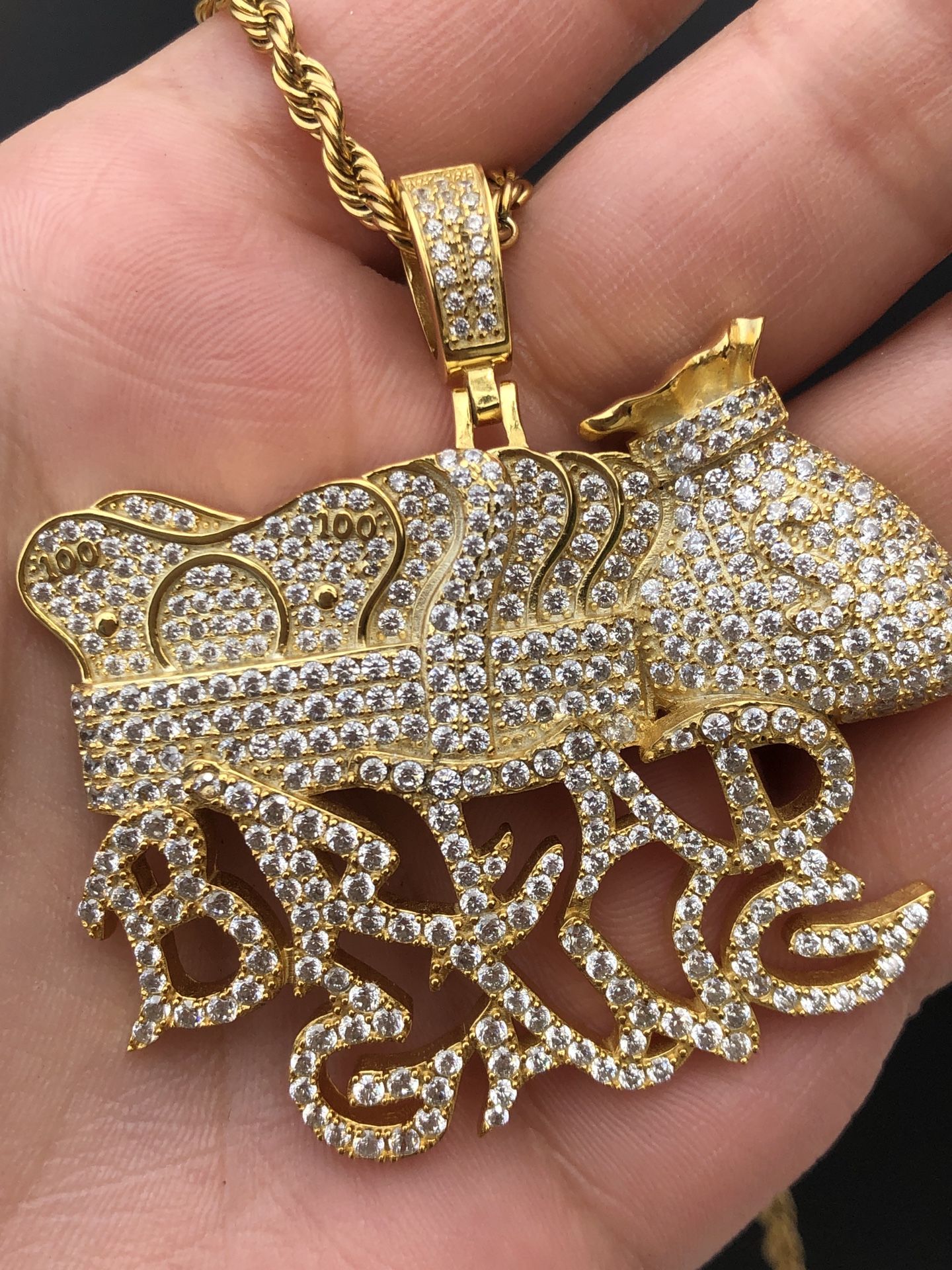 Mens Gold filled “Bread Gang” pendant AAA lab diamonds with FREE chain