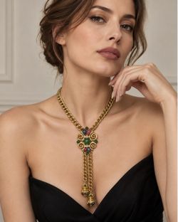 Vintage Trifari Statement Necklace – Gold Tone with Colorful Cabochons