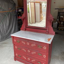 Antique Red Dresser With Marble Top