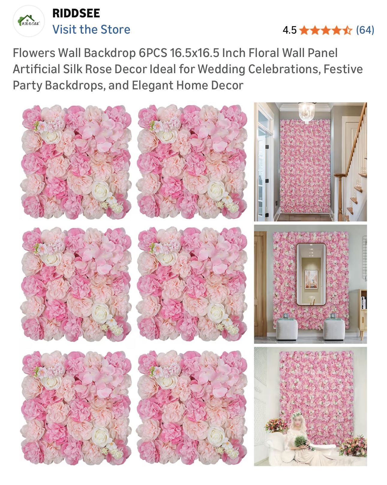 $50 Brand New Riddsee Flowers Wall Backdrop 6PCS 16.5x16.5 Inch Floral Wall Panel Artificial Silk Rose Decor Ideal for Wedding Celebrations, Festive P