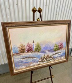 Vintage 1970’s carved wood frame oil on canvas “ Lighthouse seascape” painting signed