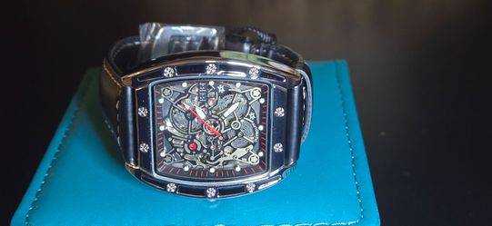 BiBi Automatic Skeleton WatchSilver Case, Black Leather Strap.