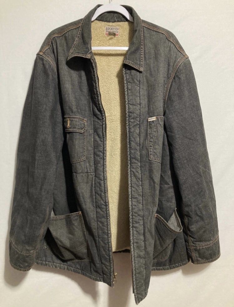 Mens XL Lucky Brand Dungarees Jean Trucker Denim Jacket Sherpa Lined Full Zip