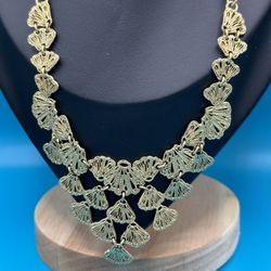 Stella & Dot Faceted Gold Tone Fans Necklace Double Strands Statement With Fígaro Links Great Condition Bright Showy Brilliant 