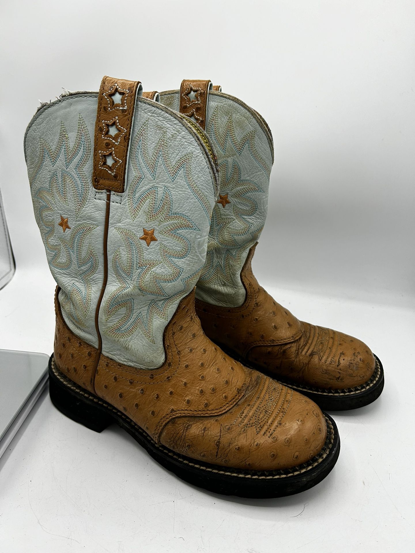 ARIAT ProBaby 16729 Blue & Brown Ostrich Print Cowboy Boots Women's Size 8 B