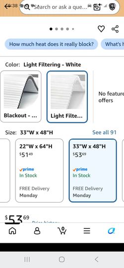 Light Filtering White Cellular Window Shade 33x48