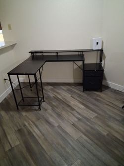 Black L-Shaped Desk with Monitor Shelf