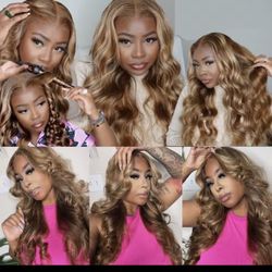 Golden Brown With Ligh Blond Highlights Wig Front Lacy