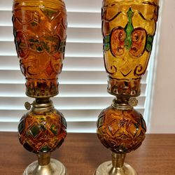 RARE 12” Vintage Amber Glass Oil Lamps – Matching Pair