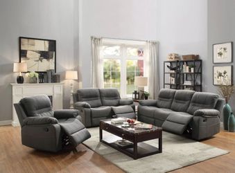 Brand New Grey Leather 3pc Reclining Sofa Set