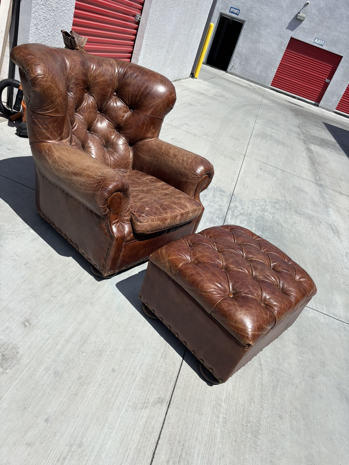 Restoration Hardware Churchill Tufted Leather Chair With Ottoman