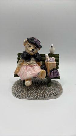 Ceramic Teddy Bear Figurine on Park Bench