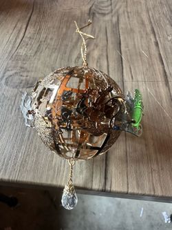 Gold Tone Metal Globe Hanging Ball Bauble Ornament w/ Crystal Drop, Christmas