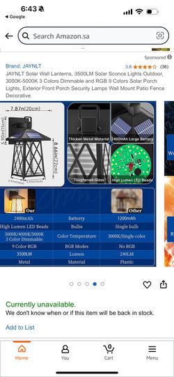 JAYNLT Solar Wall Lanterns, 3500LM Solar Sconce Lights, Outdoor 3000K-5000K 3 Colors Dimmable and RGB 9 Colors, Porch Lights, Exterior Front Porch Sec