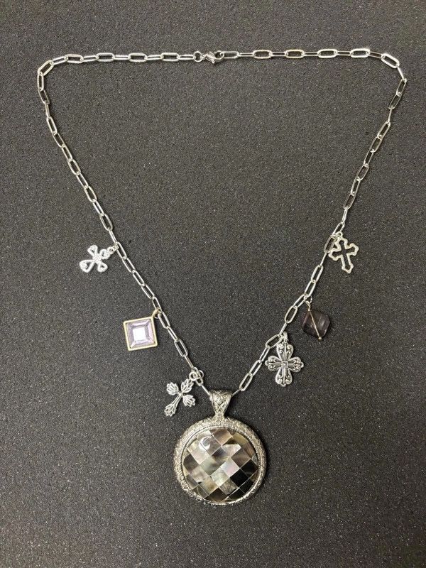 Handmade Cross Necklace 18in Paperclip Chain Chunky Junk Mult Charms Mixed Metal