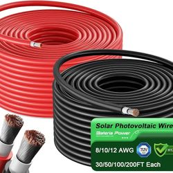 Bateria Power Solar Panel Wire 50Ft Black and 50Ft Red Kit, 10AWG (6mm²) Solar Panel Extension Cable PV Tinned Copper Wire for Outdoor Home