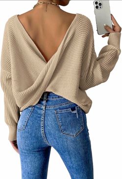Kamissy Khaki Rib-Knit Twist Back Boat Neck Long Sleeve Pullover Sweater L