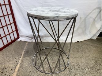 Modern Minimalist Round Chrome Side Table with White Marble Top