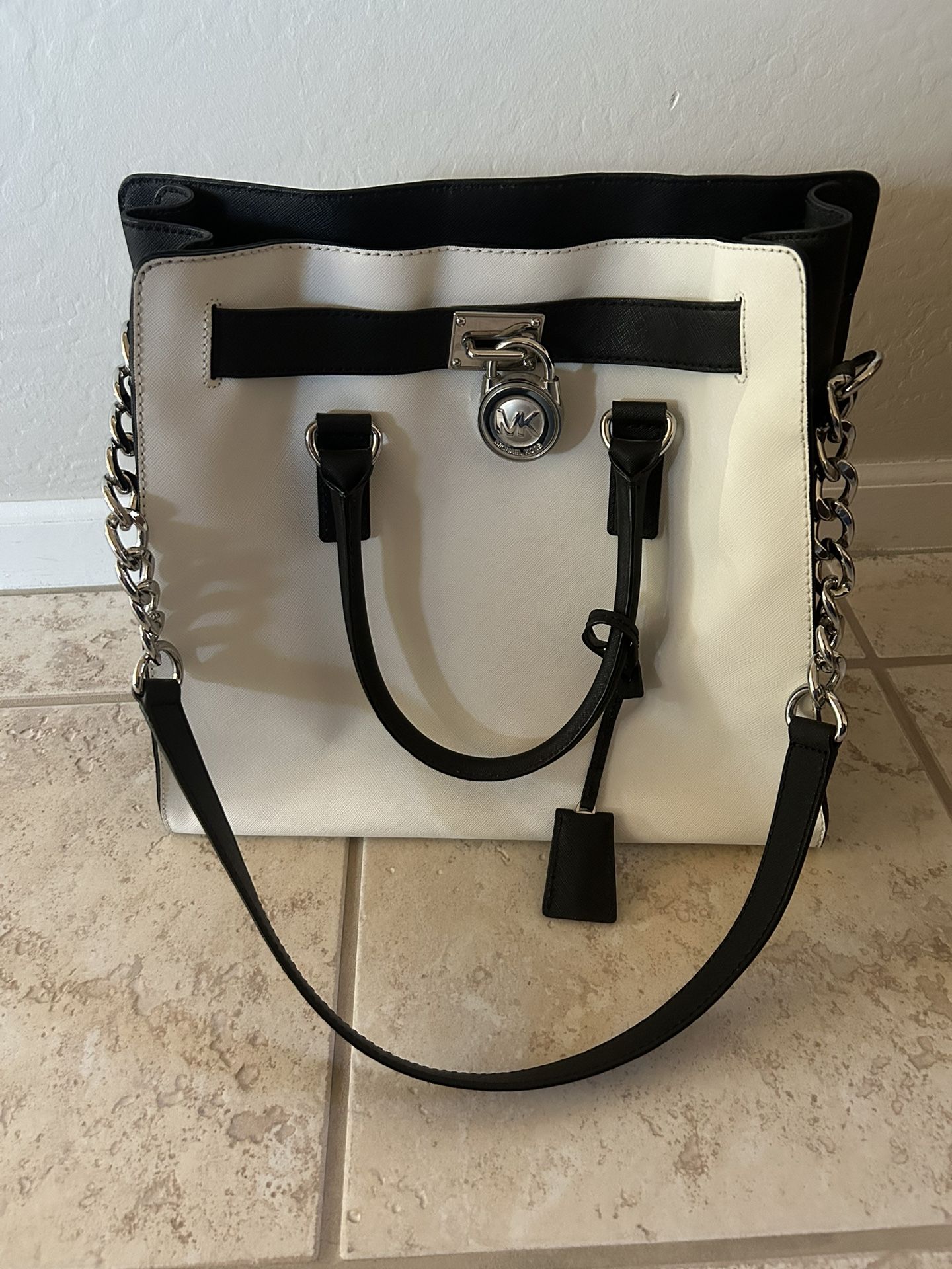 Michael Kors Hamilton Optic Black White Leather Satchel Purse