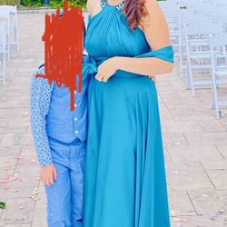 Stunning Satin Teal Flowing Gown.  