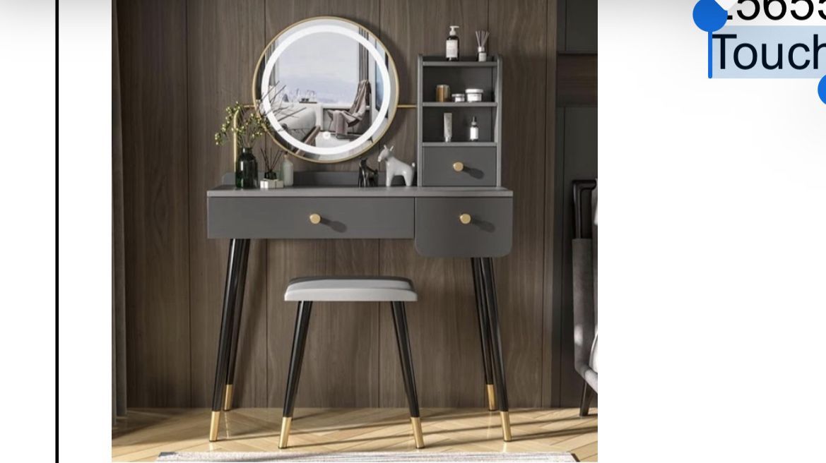 Vanity Table 3 Color Lighted Mirror Makeup Vanity Set with 2 Drawers Dressing Table Cushioned Stool Nightstand Vanity Desk